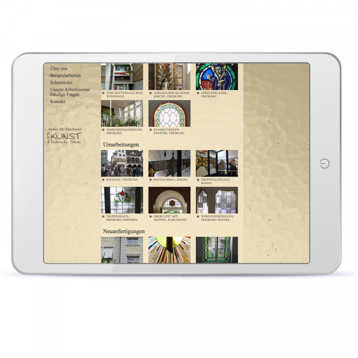 Design für Webpräsenz mit Schwerpunkt Bleiverglasung